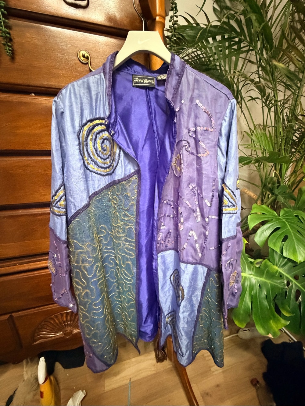 Plus Size Vintage 80’s Silk Jewel Queen Embellished Purple Patchwork Jacket